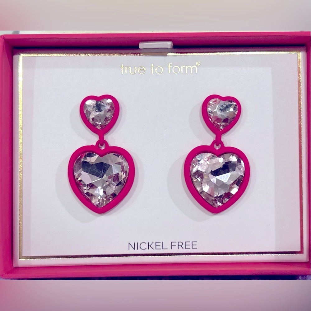 NIB True to Form Hot Pink Crystal Heart Earrings